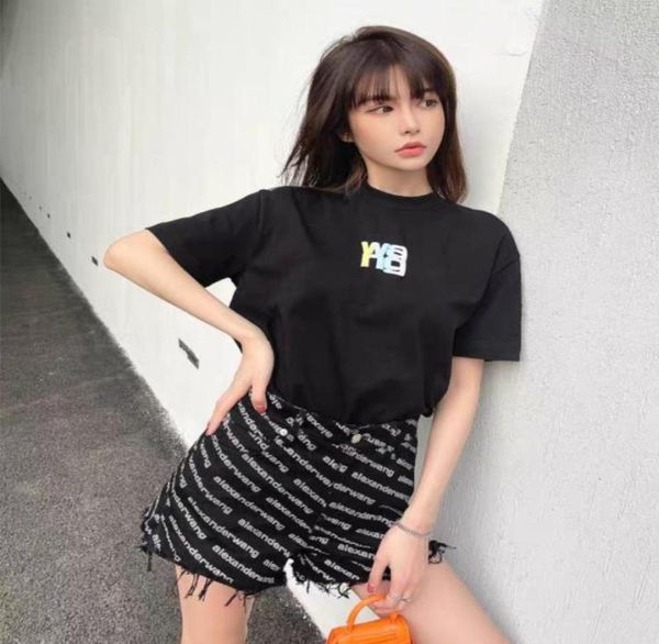 

women039s jeans 21 full logo printing wang high waist denim shorts loose light casual tassel pants fashion business street4376104, Blue