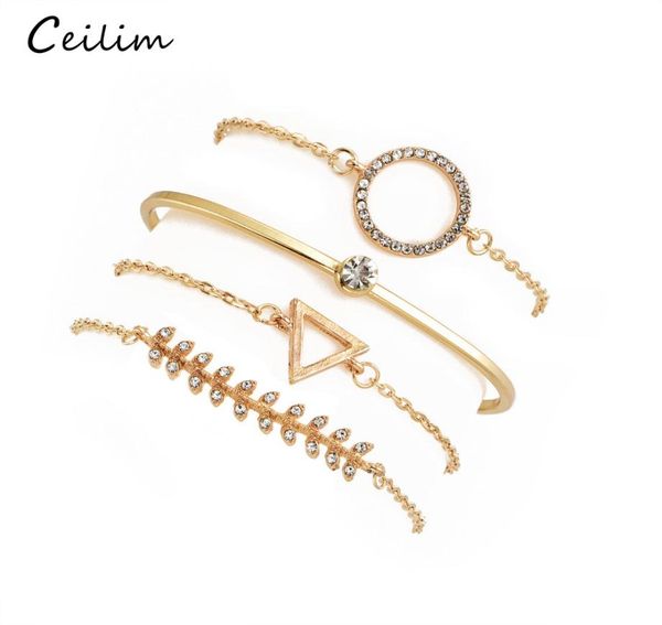 

bohemian moon olive branch triangle feather charm bracelets sets for women men 4pcs set round crystal open cuff gold bracelet jew5115564, Black