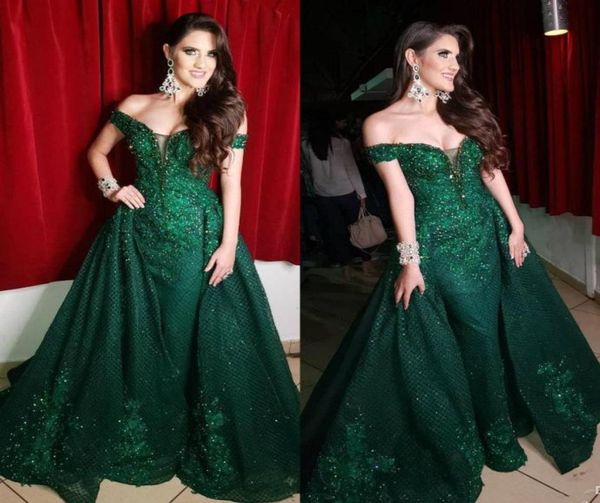 

2020 dark green evening dresses with detachable train off shoulder lace appliqued sequins prom dress party wear custom made red ca4156841, Black;red