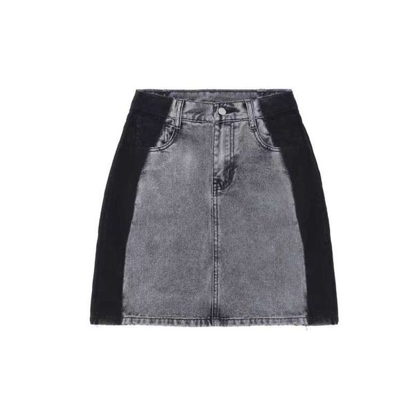 

large size fat matching contrasting denim skirt womens summer style high waist all slimmer word short, Black