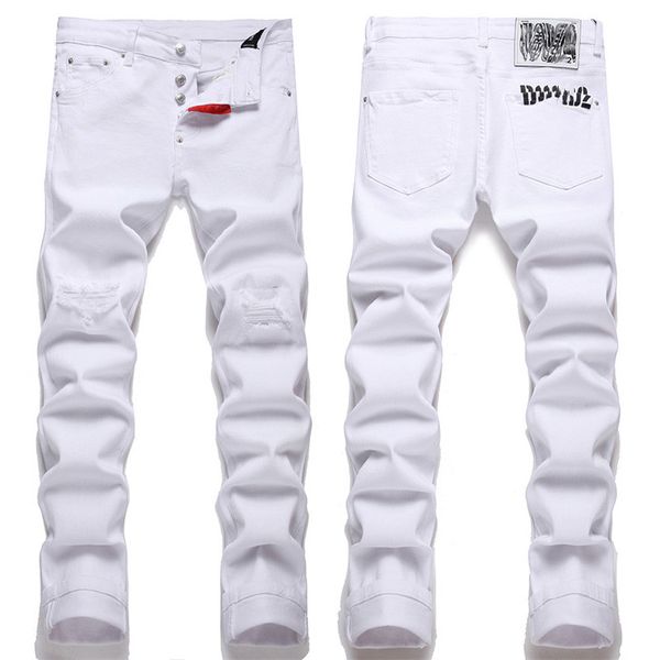 

men's jeans pure white jeans for men, slim fitting, punctured, cotton bouncy, four season casual cotton, european and american men, Blue