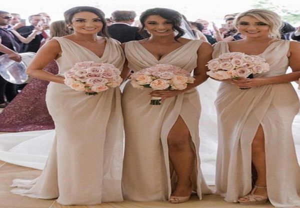 

elegant champagne country bridesmaid dresses 2022 v neck splits chiffon pleated long wedding guest evening prom formal party dress7622379, White;pink