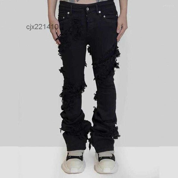 

jeans fashion flared streetwear black pants long ribbons trend man, Blue