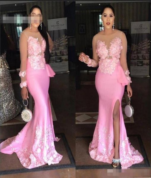 

african 2020 pink mermaid side split prom dresses sheer neck long sleeves satin evening gowns prom gowns custom made vestido2099081, Black