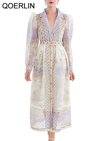 

basic casual dresses qoerlin quality belt long dress maxi lantern sleeve elegant evening party heavy industry beaded lace singlebreasted 230, Black;gray