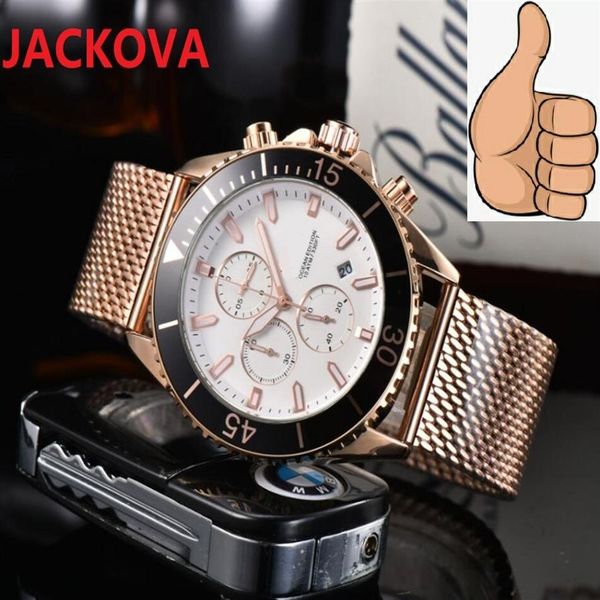 

men's famous table watch 44mm multi-functional japan quartz movement chronograph watches full stainless steel mesh president 345b, Slivery;brown