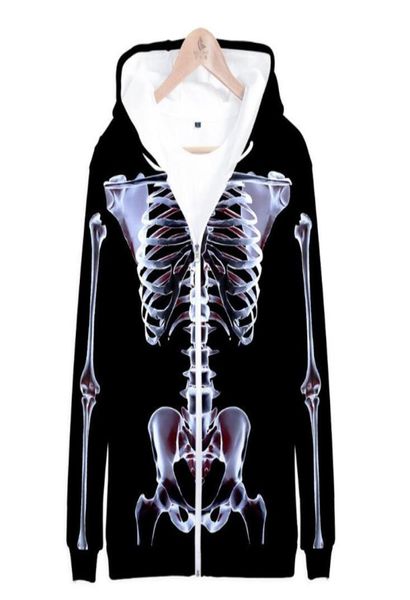 

skeleton skull 3d print zip up womenmen hoodie sweatshirt hip hop long sleeve hooded zipper jacket coat halloween costume adult1172472, Black