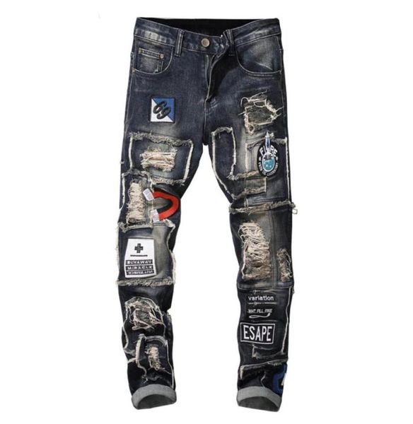 

ginzous men039s badge patchwork ripped embroidered stretch jeans trendy holes patches design slim straight denim pants71427204840491, Blue