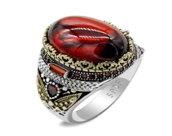 

real pure vintage ring men 925 turkish natural thai sterling silver classic red color zircon stone rings for women jewelry gift h22817688, Golden;silver