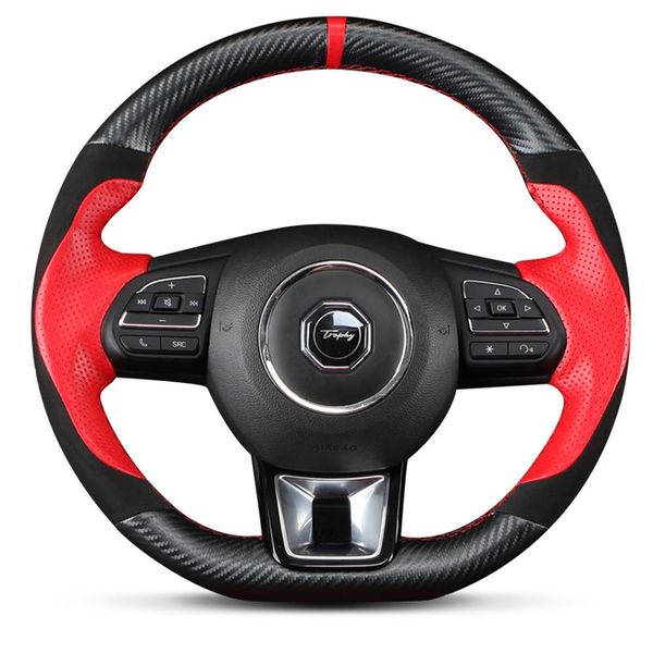 

black red leather black carbon fibre diy car steering wheel cover for mg mg6 gs mg3 zs284s