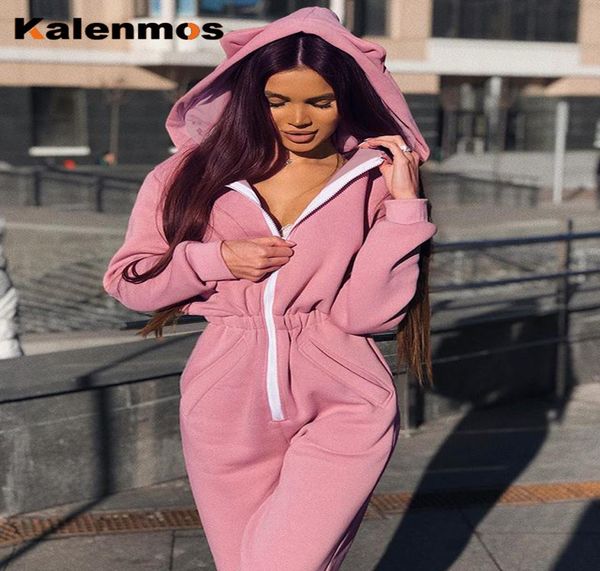 

rompers jumpsuit women tracksuit 2020 spring hooded cat ear pink black zipper pocket sweatshirt slim casual cute plus size y21361840, Black;white