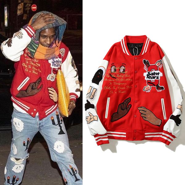 

men s jackets high street color block graffiti embroidery baseball jacket mens leather sleeve woolen patchwork stand oversized winter coats, Black;brown