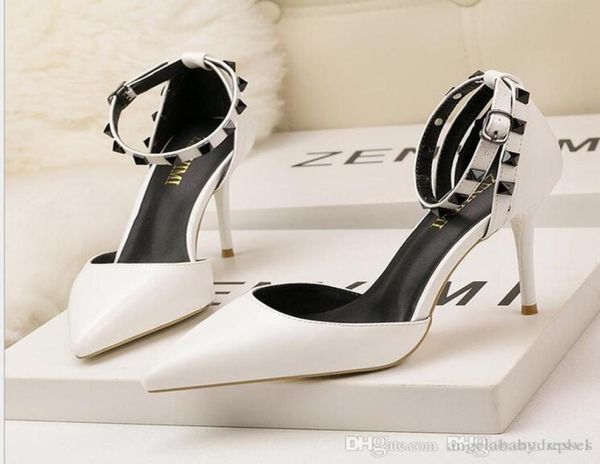

women high heels stilettos 2021new dress shoes party fashion rivets girls pointed toe shoes buckle platform pumps wedding sho3713652, Black