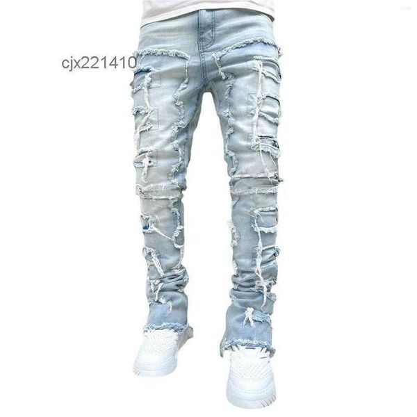 

jeans regular fit stacked patch destroyed pants streetwear clothes jean, Blue
