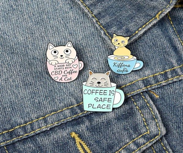 

cute coffe cat enamel brooches pin for women girl fashion jewelry accessories metal vintage brooches pins badge whole gift1428847, Gray