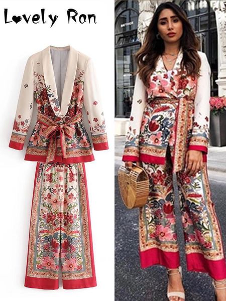 

women's two piece pants retro flower lace up blazer suits for women spring ol casual long sleeve jacket wide-leg pant two pieces sets f, White