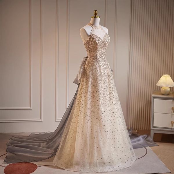 

gorgeous evening dress prom gowns halter backless detachable court train shining sequins beading, Black;red