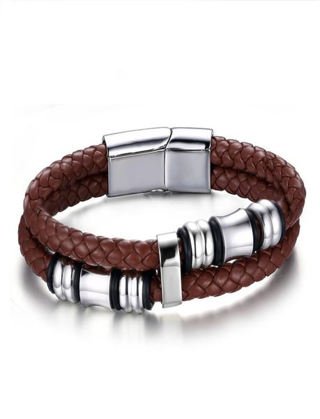 

jewelry men vintage leather bracelet wrap band double braided rope stainless steel bangle brown with 8quotinch3600876, Golden;silver