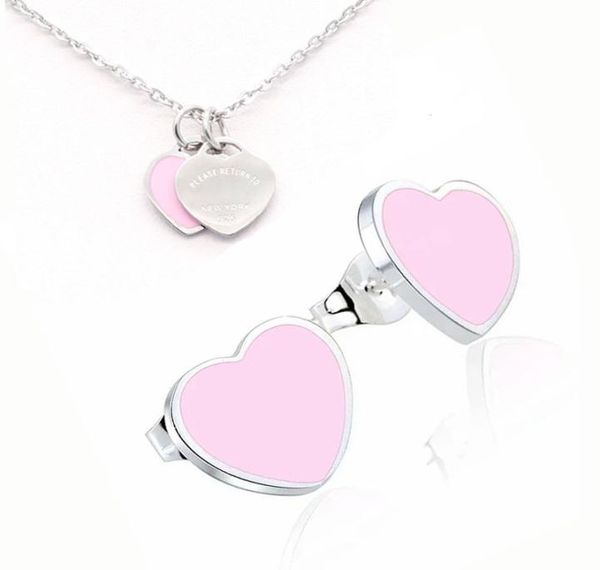 

vintage enamel pink green heart charms necklace and earring jewelry set pendant women men chain stainless jewellry sets8263714, Silver