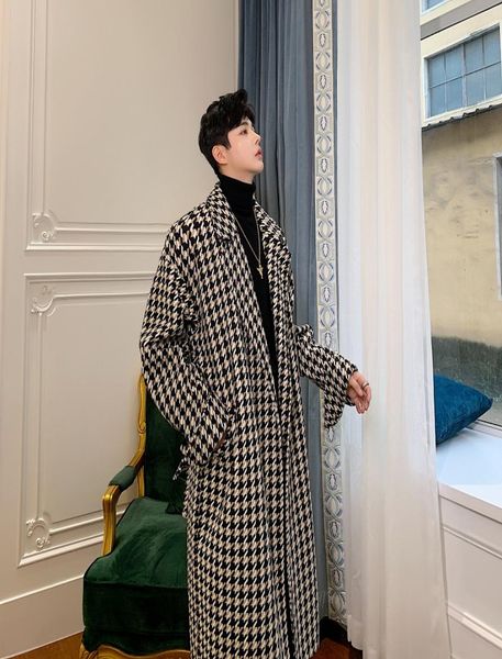 

mixcubic 2019 autumn england style long section houndstooth plaid trench men casual loose grid windbreaker coats for men mxl3220263, Tan;black