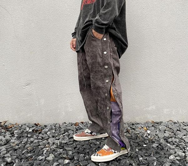 

high street side button cashew print suede baggy pants mens drawstring straight loose casual pants hip hop oversize trousers4716329, Black