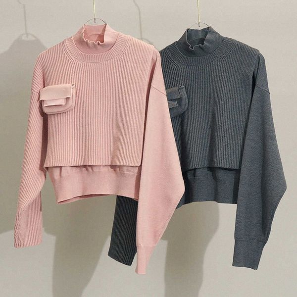 

brand womens sweaters long sleeve letter pullover knitting knitwear sweater pocket two-piece high collar pink irregular x172#, White;black