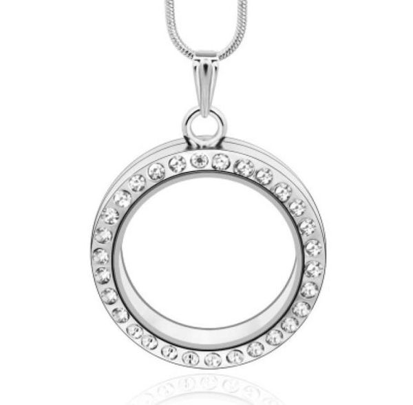 

5pcs 30mm round crystal silve rhinestone floating locket crystal 316l stainless steel color locket pendant chains inluded for fre9852927, Silver