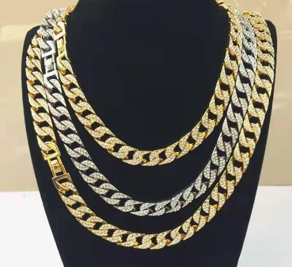 

chains rapper hip hop iced out paved rhinestone 15mm miami curb cuban link chain gold sliver necklaces for men women jewelry set c1845462, Silver