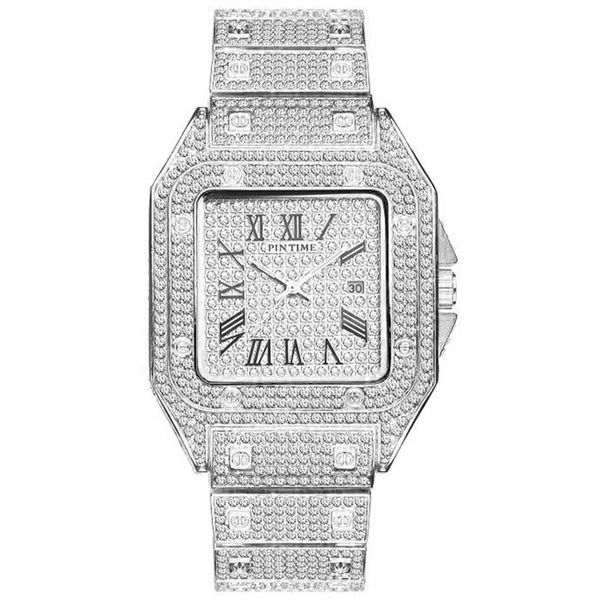 

hip hop iced out men watch square diamond quartz mens wrist watches gold roman calendar steel clock relogio masculino271k, Slivery;brown
