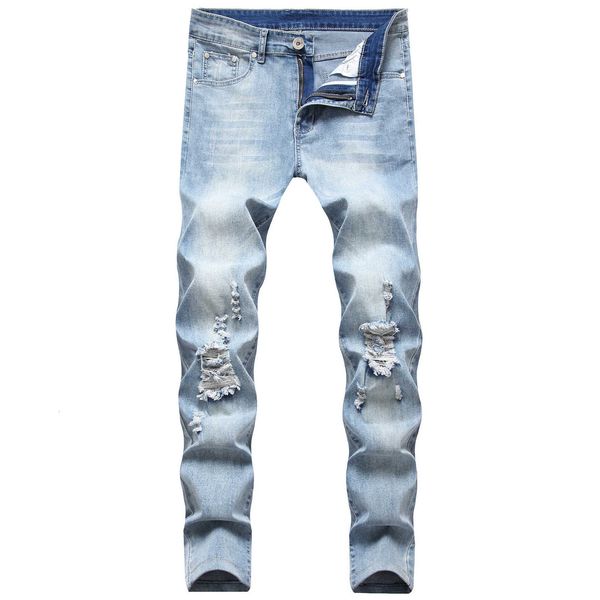 

men's jeans high stretch hole slim jeans men's jeans, Blue