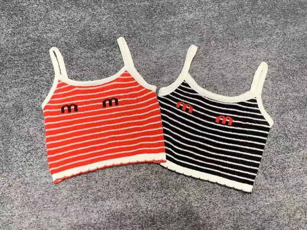 

women's shirt mivmiv designer fashion brand letter embroidery knitted tank 2023 summer new french sweet temperament stripe short strap, Black;white