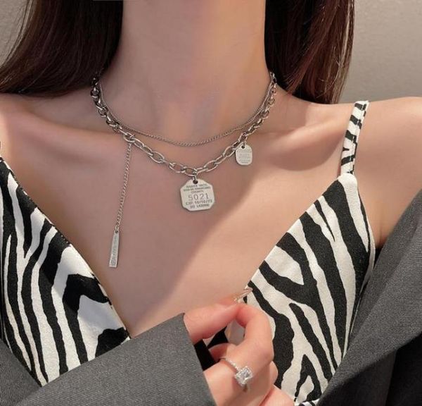

hip hop chains double layer clavicle chain silver color rectangle pendant metal necklace for women girls jewelry gifts2987245