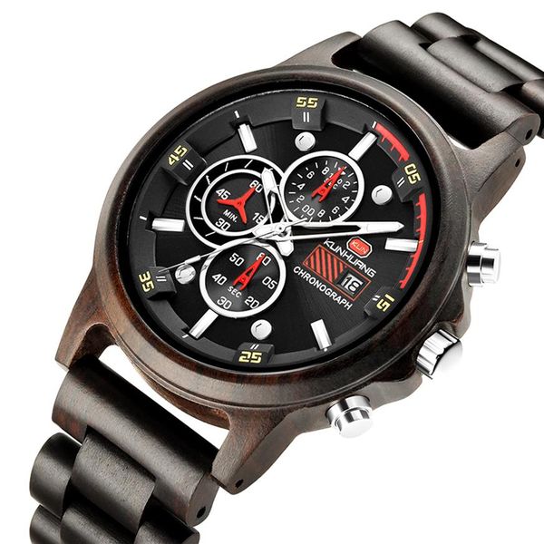 

men's wooden watch with stainless steel dial chronograph luminous hands266r, Slivery;brown