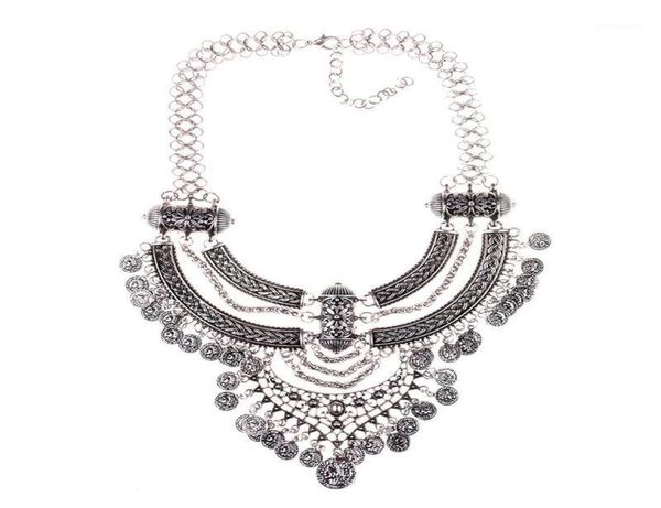 

boho big choker necklace women inlaid carving jewelry vintage necklaces metal chain choker coin pendant statement necklaces19619763, Golden;silver