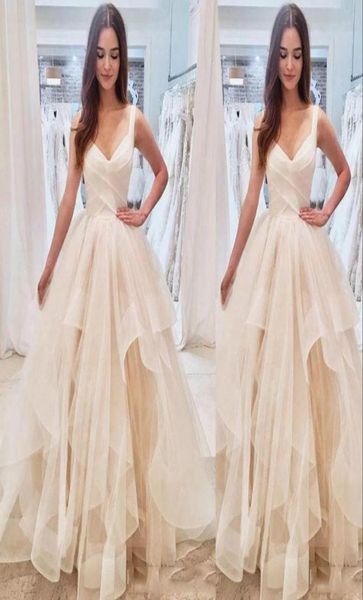 

country new a line wedding dresses summer beach spaghetti straps v neck ruffles tiered tulle plus size ball gown formal brid3699422, White