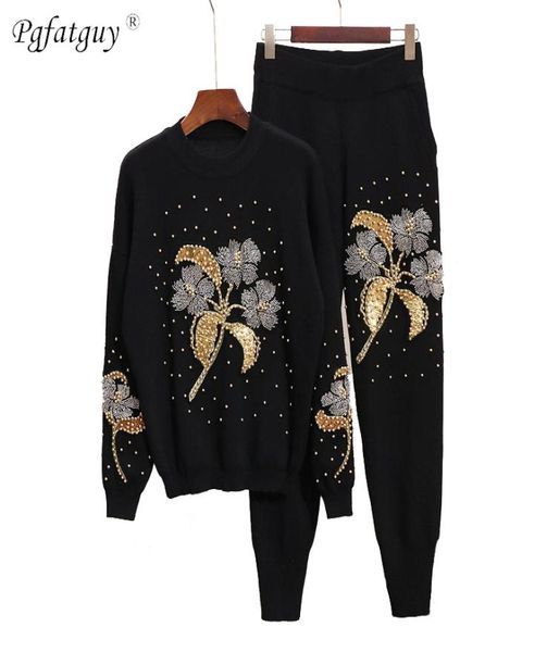 

autumn winter explosions sportswear flower heavy embroidery beaded fashion sweater knit pants suit casual women039s twopiece s3466588, White