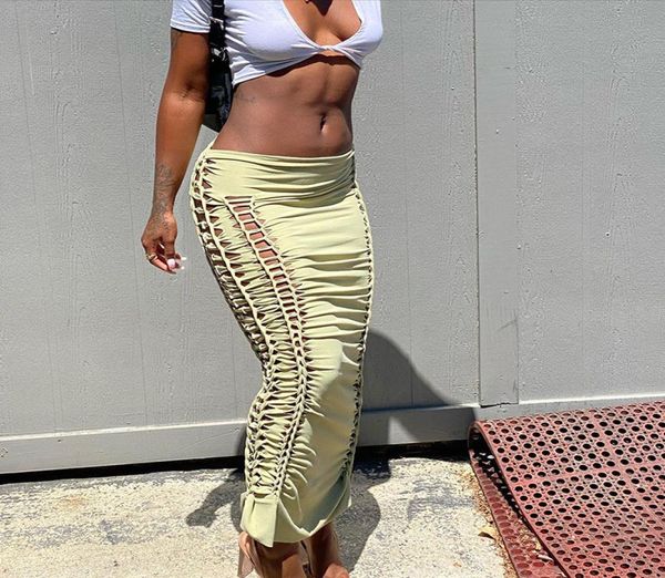 

solid hollow out skirt women summer dress low waist see through bandage side spilt robe unique outfits streetwear5234100, Black