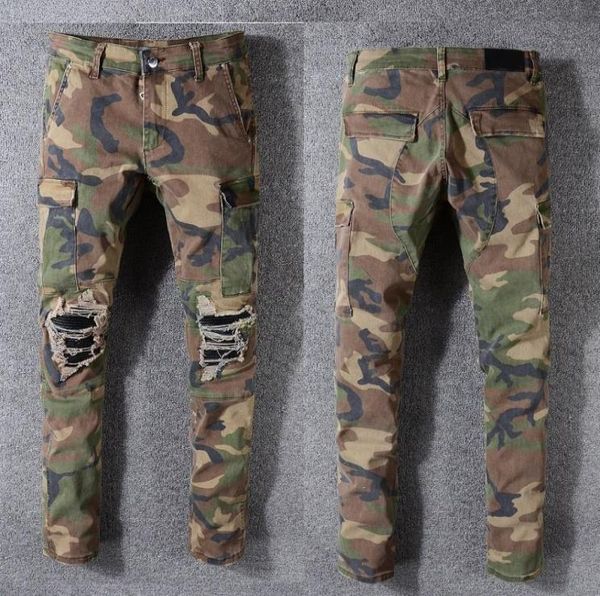 

2021 latest listing skinny camouflage jeans for mens ripped big holes rabbit motorcycle biker denim pants embroidery men fashion d8951279, Blue