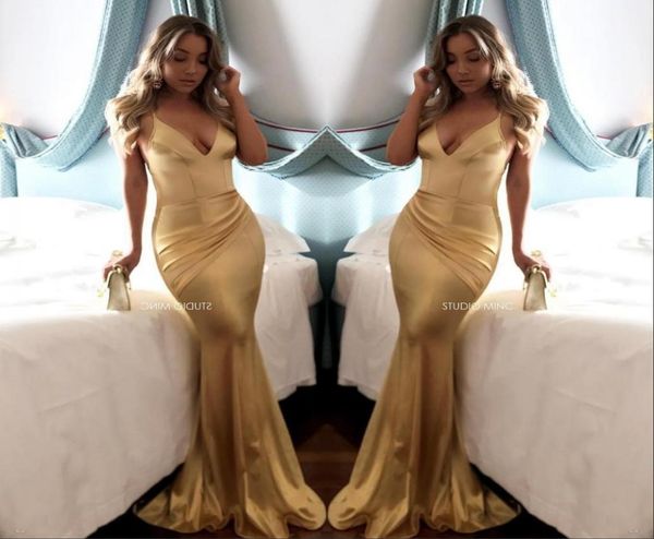 

simple style v neck gold mermaid evening dresses backless soft satin draped spaghetti strap long prom dresses custom ma4646014, Black;red