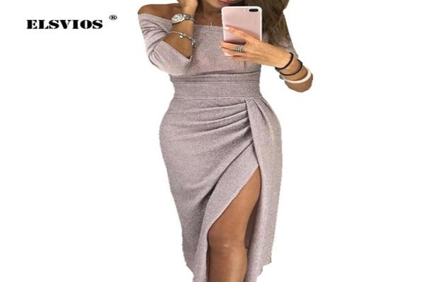 

elsvios women bright silk shiny bodycon dress off shoulder party dress autumn three quarter sleeve elegant midi dresses j19067080355, Black;pink