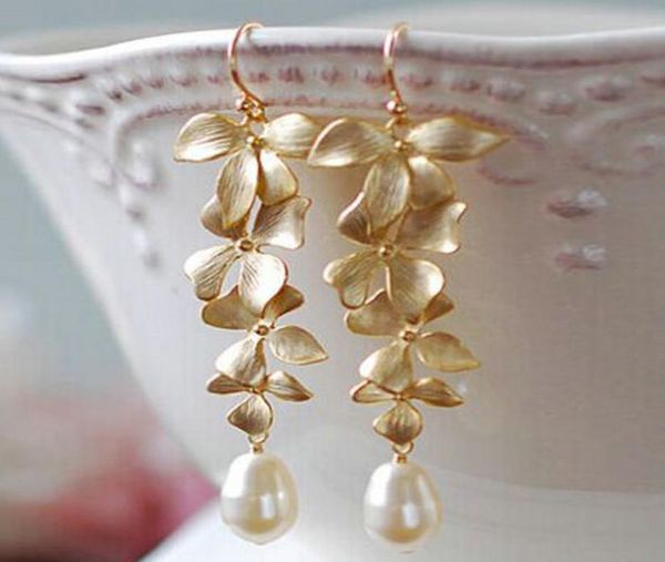 

2019 new fashion women lady gold orchid matte flower pendant long dangle hook earrings jewelry gift6030815, Silver