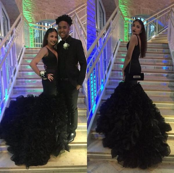 

new prom dresses long black deep v neck sleeveless mermaid organza ruffles skirt evening dresses wear custom made rachel alla7822607