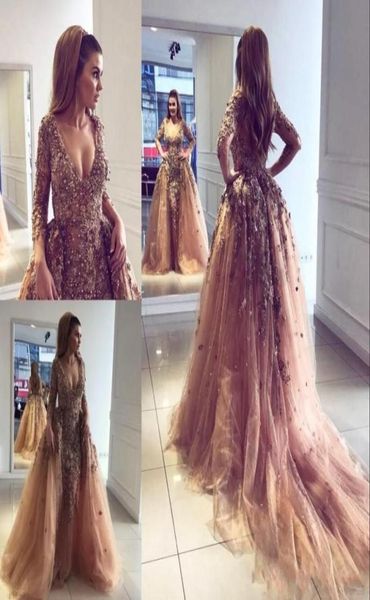 

luxury mermaid evening dresses with overskirt vneck pearls sequin beads long sleeve celebrity dress fashion dubai prom gowns1365671, Black;red