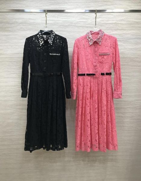 

2021 fw blackpink lace midcalf dress designer crystals lapel neck long sleeves maxi dresses party gown with belt milan runway ve5380668, Black