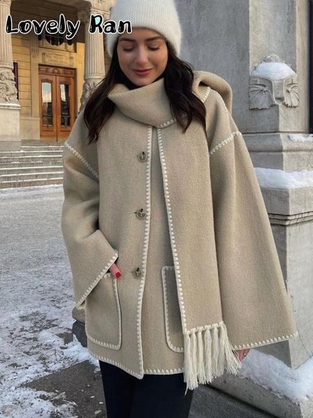 

women's wool blends vintage solid woolen coat for women elegant autumn single breasted peacoat with scarf female luxury high street out, Black