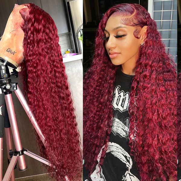 

99j Burgandy Deep Wave 13x4 Lace Front Human Hair Wigs Brazilian Remy 180% Red Colored Curly Lace Frontal Glueless Wig for Women, Burgundy