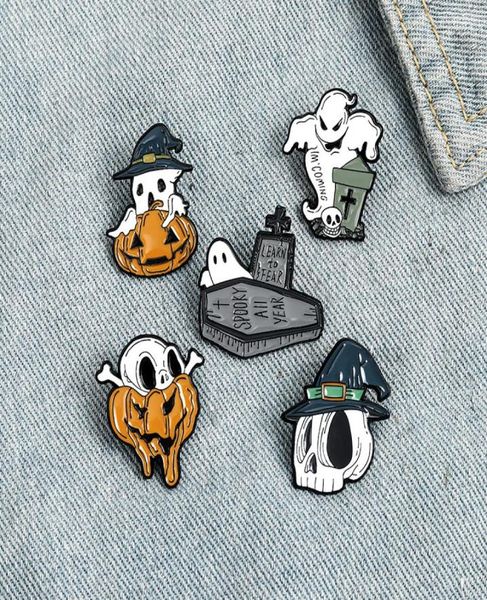 

halloween enamel pin skeleton skull pumpkin ghost grave coffin brooch bag lapel pin gift for friends gothic badge boo8171511, Blue