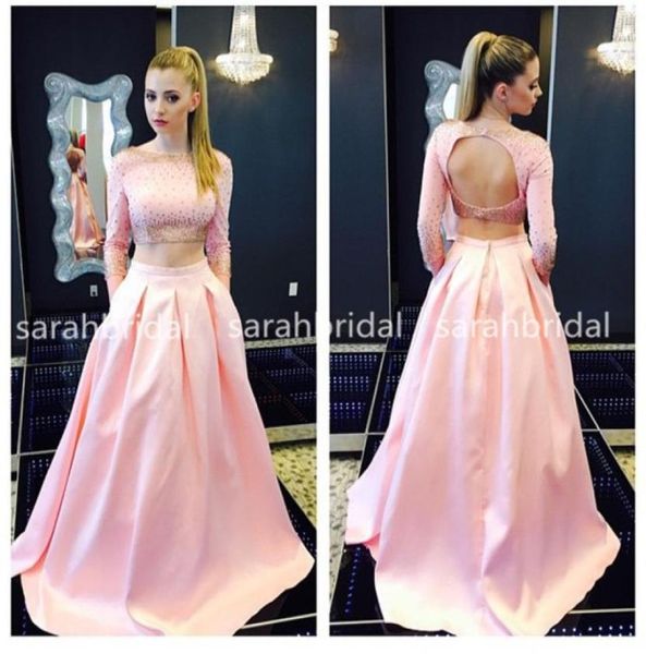

2019 two piece pink satin prom dresses with bateau neck long sleeve keyhole backless crop marine ball pockets gowns plus size 3580655, Black