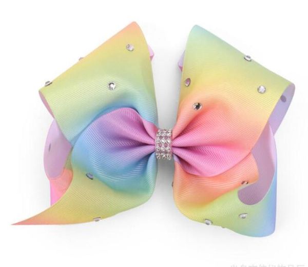 

20pcs 18cm fashion large ombre signature rainbow ribbon hair bows clips with rhintesones boutique big bows for girl party hd34897799927, Slivery;white
