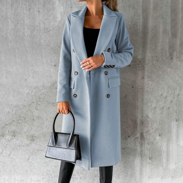 

women's wool blends women long jacket slim fit double breasted solid color woolen coat autumn winter turndown collar outerwear overcoat, Black
